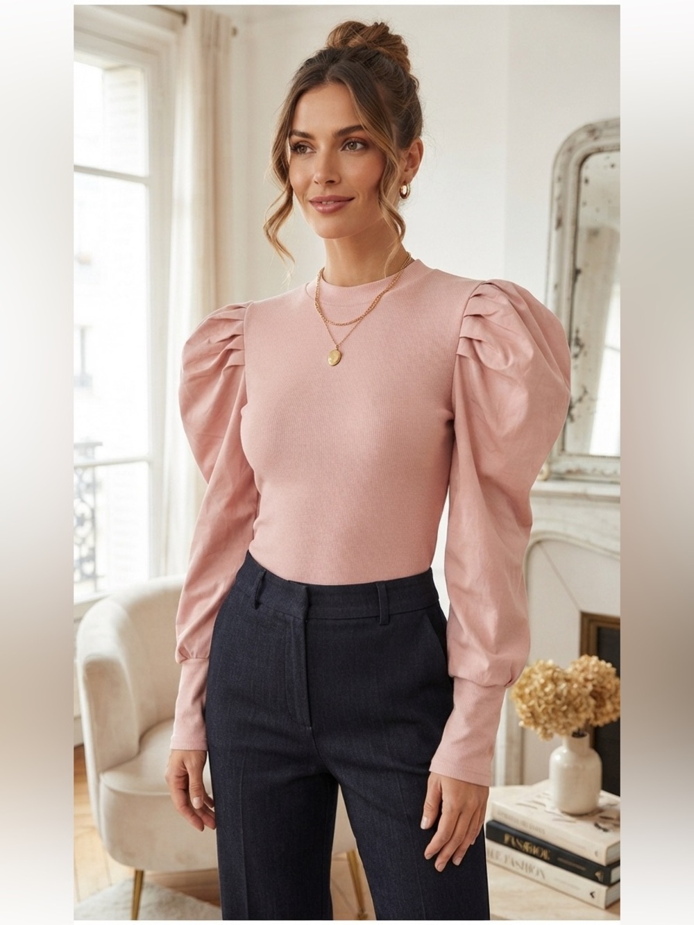Why Dress Long Frill Balloon Puff Sleeve Top Sz L Ribbed Pink Blouse Coquette